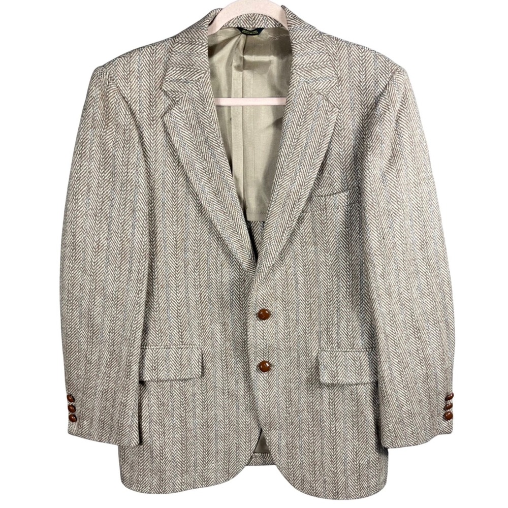 Harris Tweed Blazer Mens 42 Tan Herringbone Wool Sport Coat Handwoven Scotland